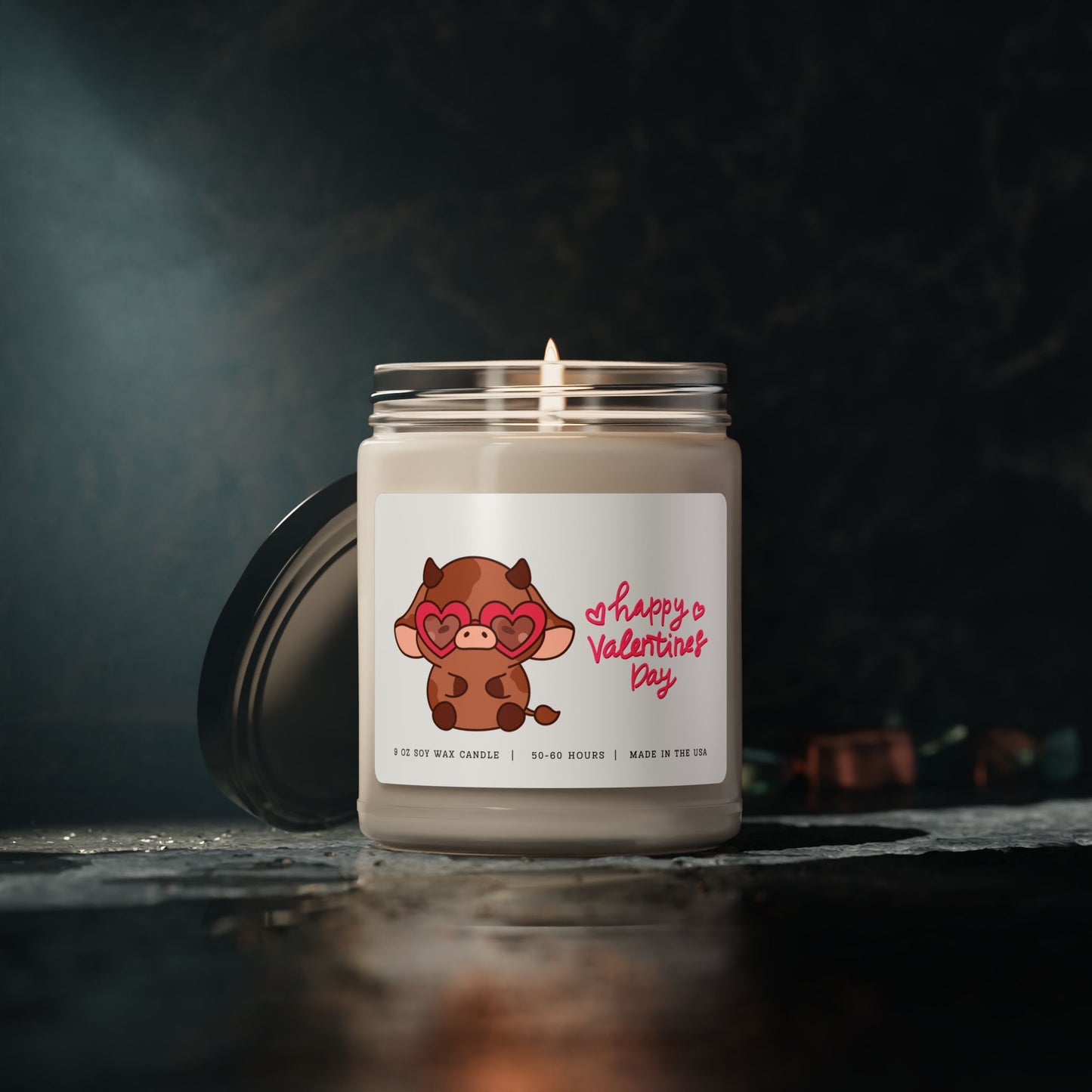 Happy Valentine's Day Candle - Adorable Brown Cow with Heart-Shaped Pink Glasses, 9oz