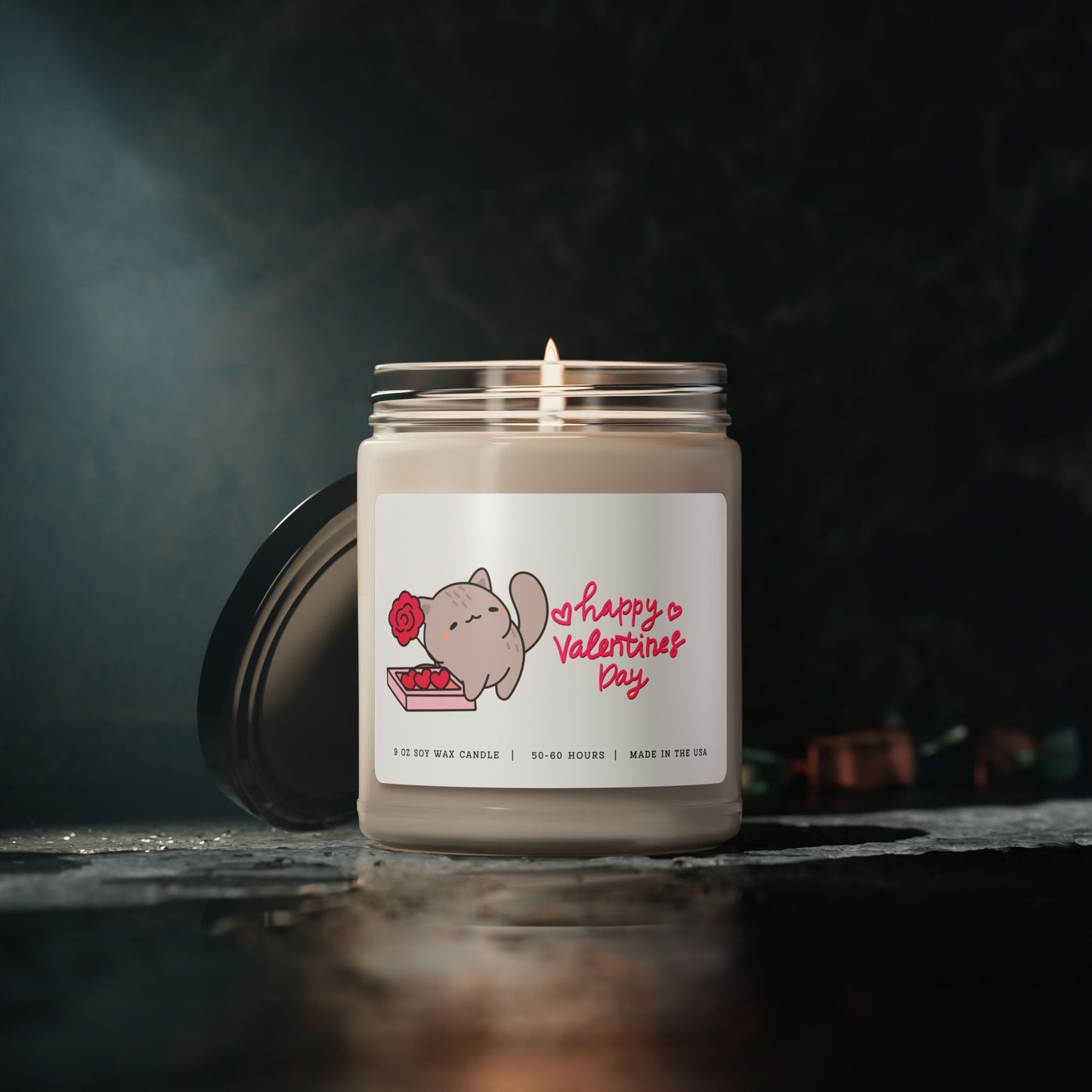 Happy Valentine's Day Candle - Cute Gray Cat, 9oz