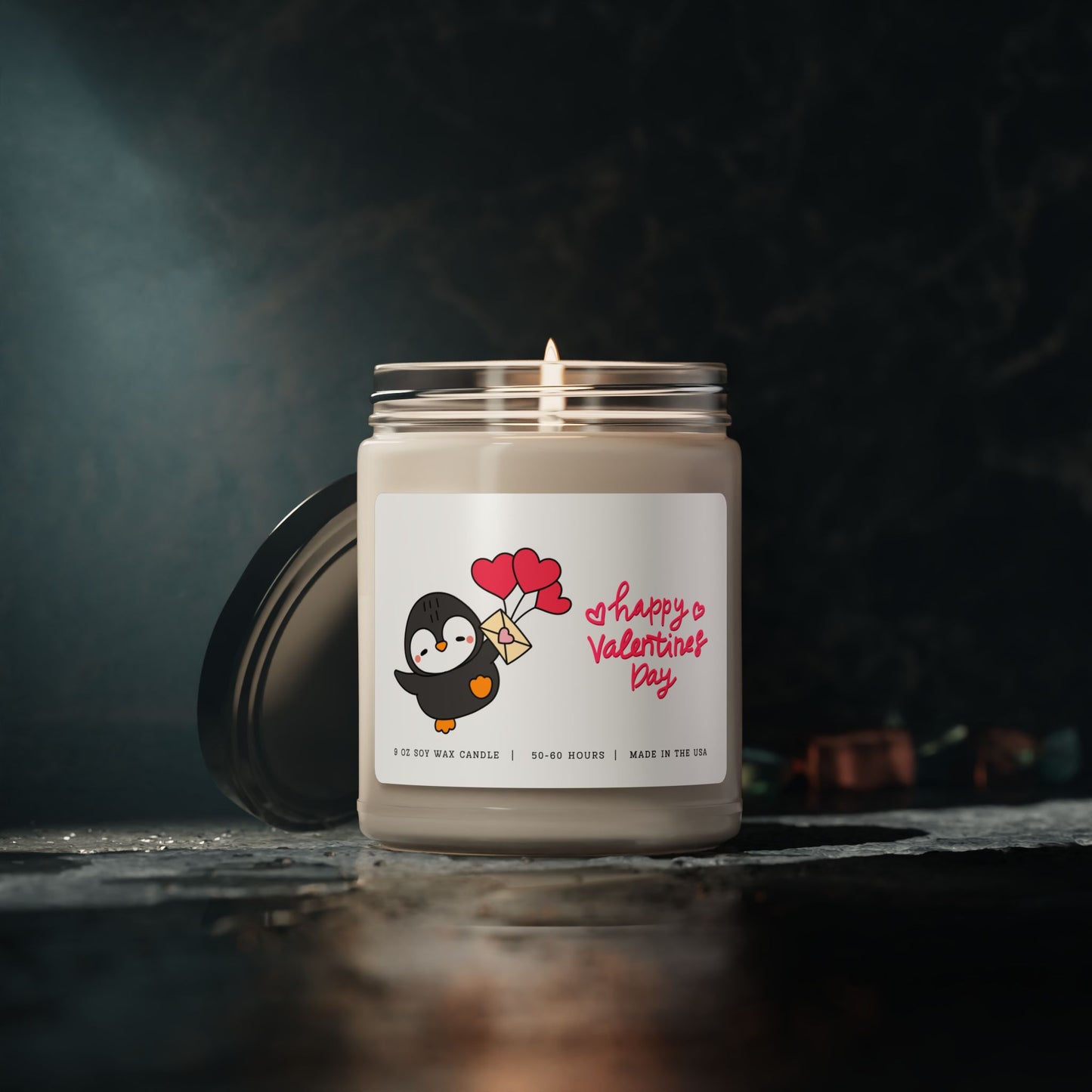Happy Valentine's Day Candle - Penguin Holding Heart Balloons, 9oz