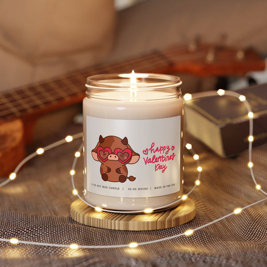 Happy Valentine's Day Candle - Adorable Brown Cow with Heart-Shaped Pink Glasses, 9oz