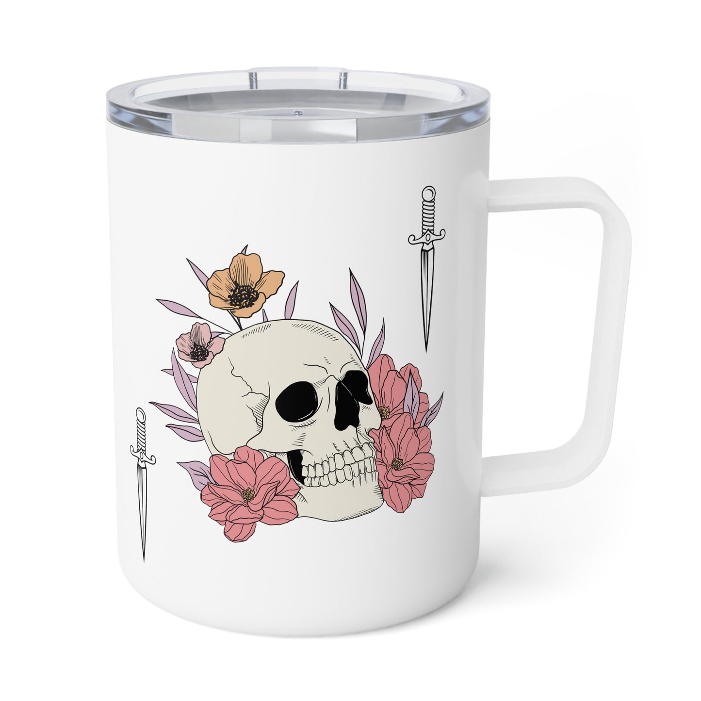 Floral skull Insulated Coffee Mug, 10oz - Skull flowers -Skeleton mug- Booktok- Unique mug- Dead inside vibes