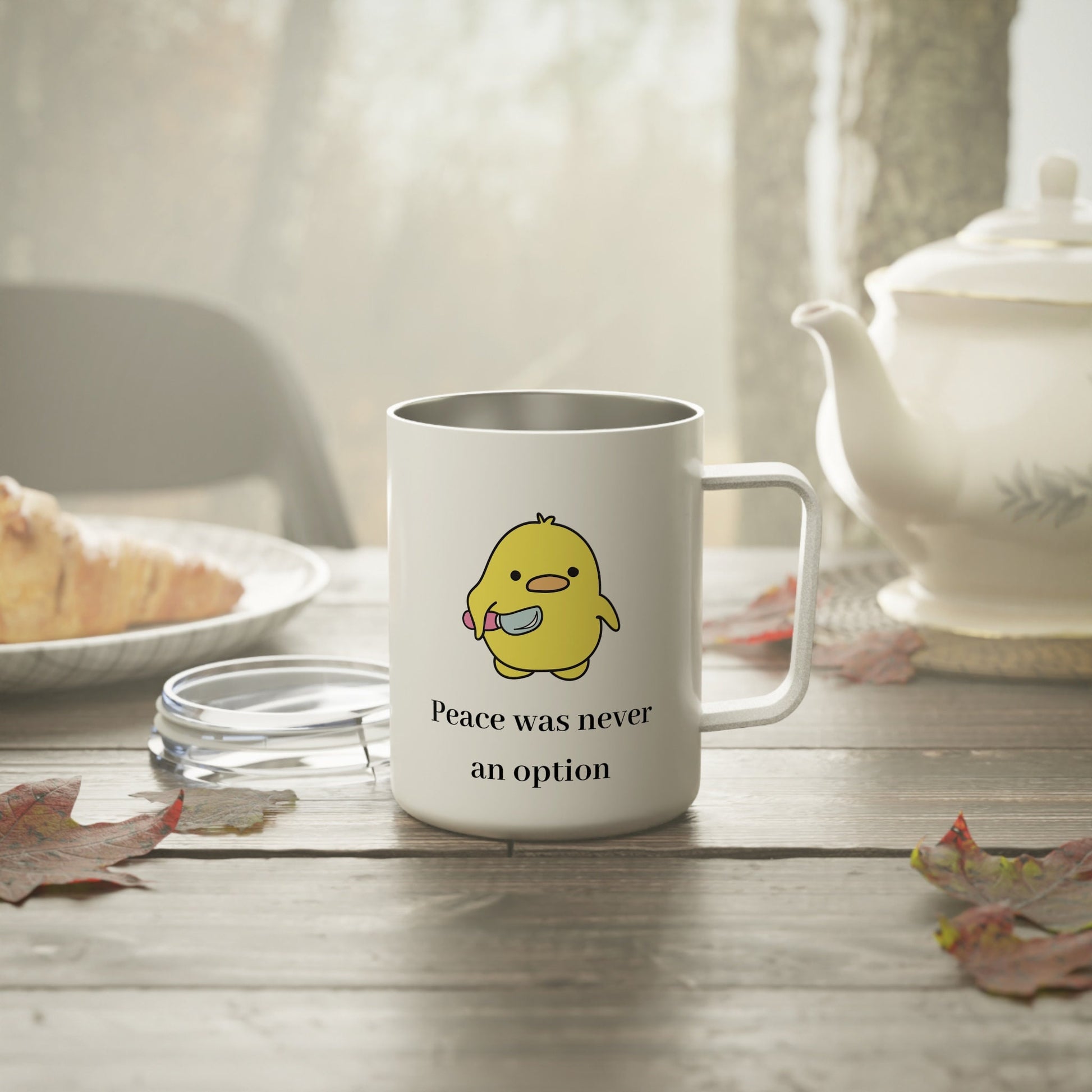 Peace Was Never An Option Duck Insulated Coffee Mug, 10oz - Funny- Duck humor- Dark humor- Duck with knife- Gift for her- Gift for him