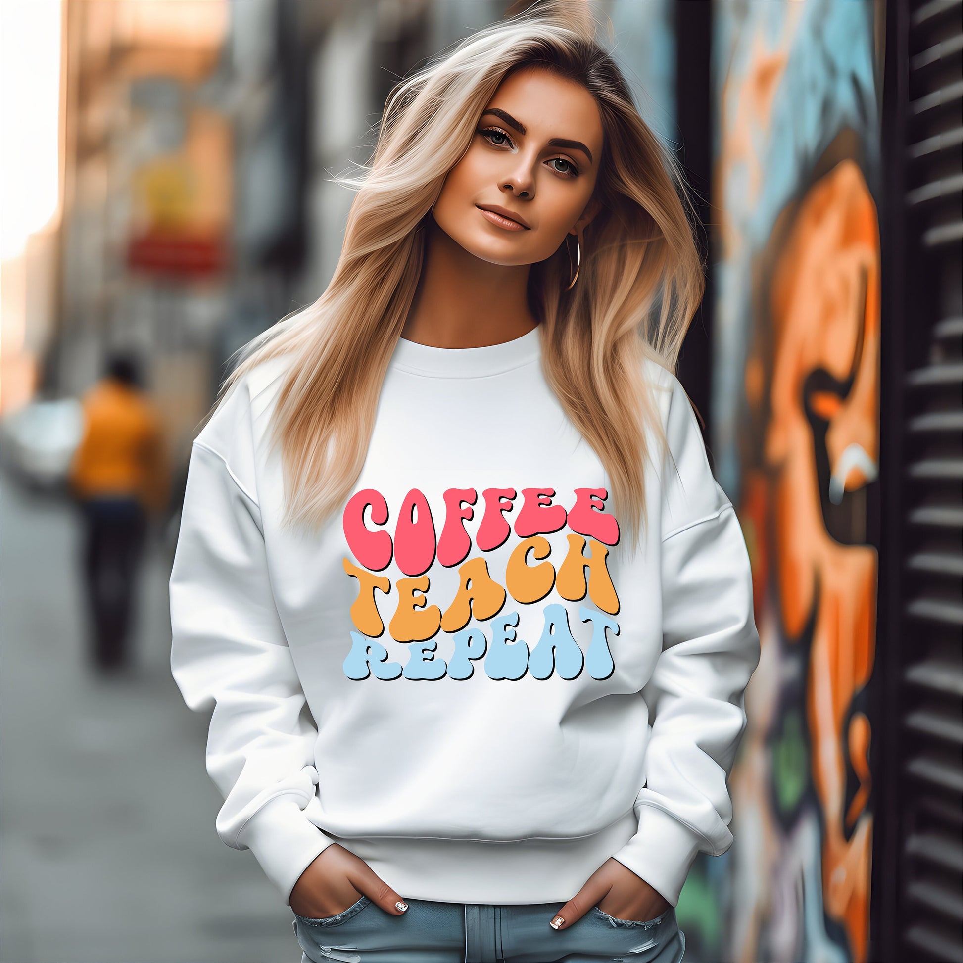 Coffee Teach Repeat Crewneck Sweatshirt- Teacher Aesthetic- Coffee lover- Teacher appreciation- Teaching assistant- Teaching tiny humans