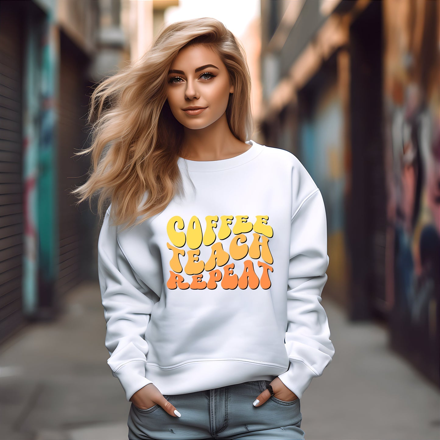 Coffee Teach Repeat Crewneck Sweatshirt- Teacher Aesthetic- Coffee lover- Teacher appreciation- Teaching assistant- Teaching tiny humans