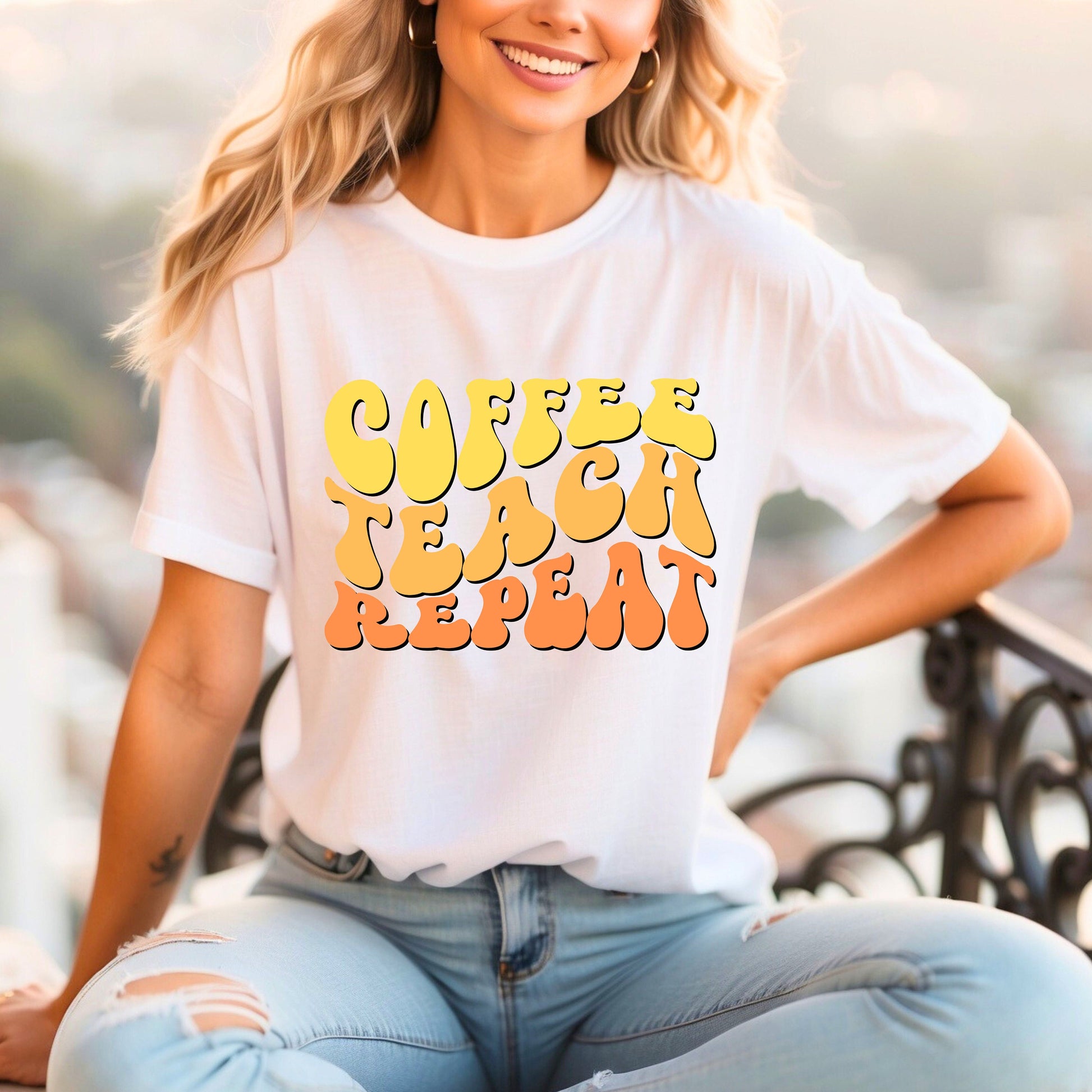 Coffee Teach Repeat t-shirt- Teacher Aesthetic- Coffee lover- Teacher appreciation- Teaching assistant- Teaching tiny humans