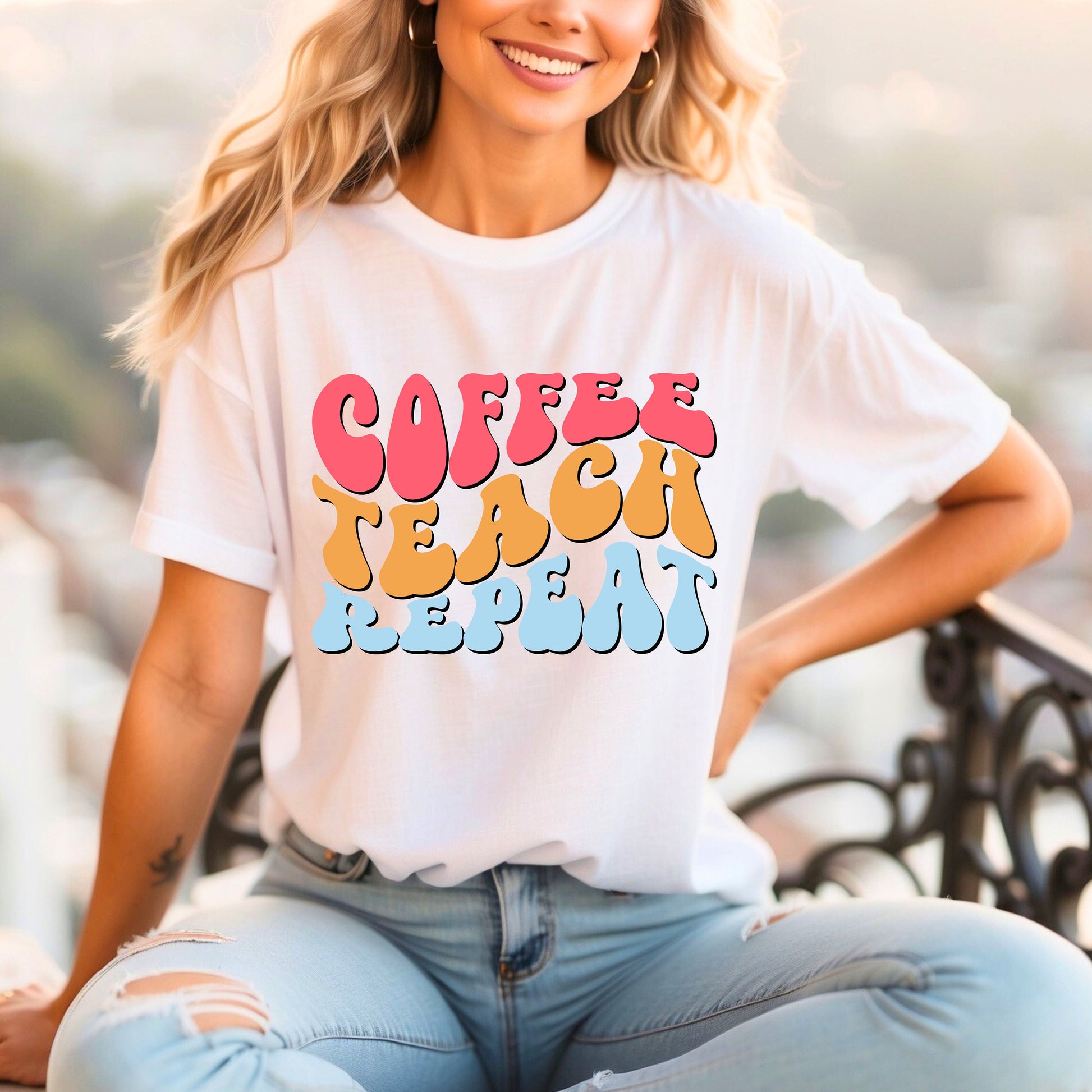 Coffee Teach Repeat t-shirt- Teacher Aesthetic- Coffee lover- Teacher appreciation- Teaching assistant- Teaching tiny humans