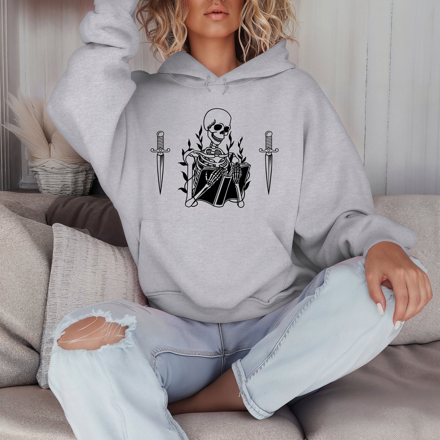 Skeleton reading book hoodie- Spooky book lover- booktok- skeleton vibes- unique design for her- for him