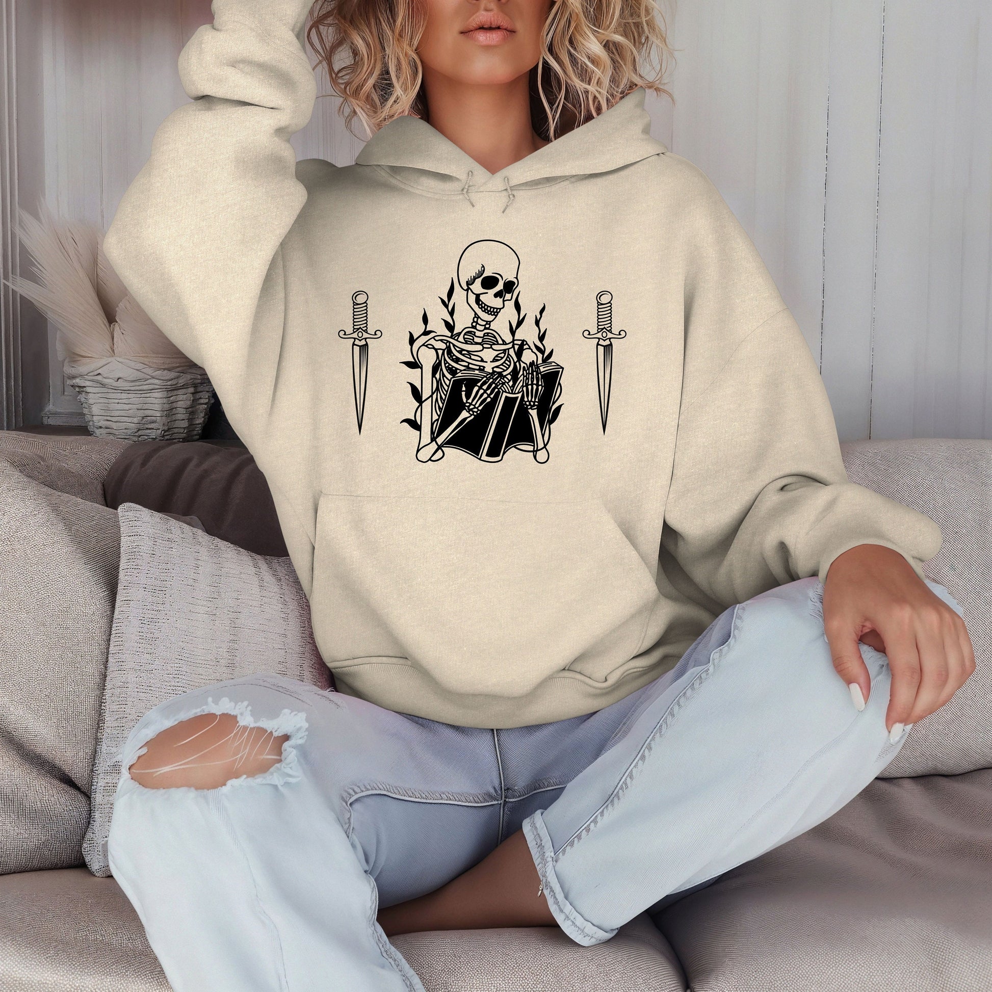 Skeleton reading book hoodie- Spooky book lover- booktok- skeleton vibes- unique design for her- for him