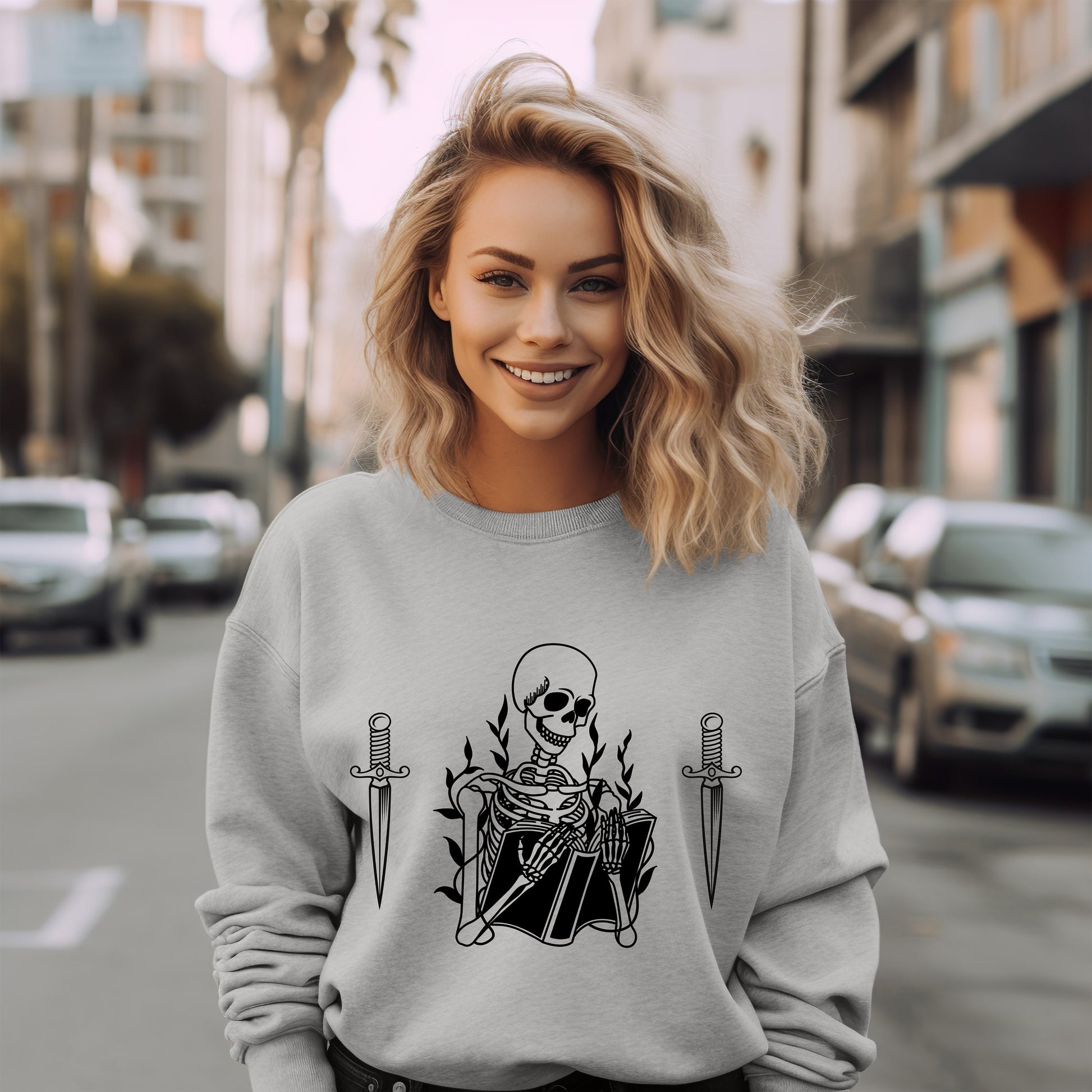 Skeleton reading book sweatshirt- Spooky book lover- booktok- skeleton vibes- dark romance- fantasy romance