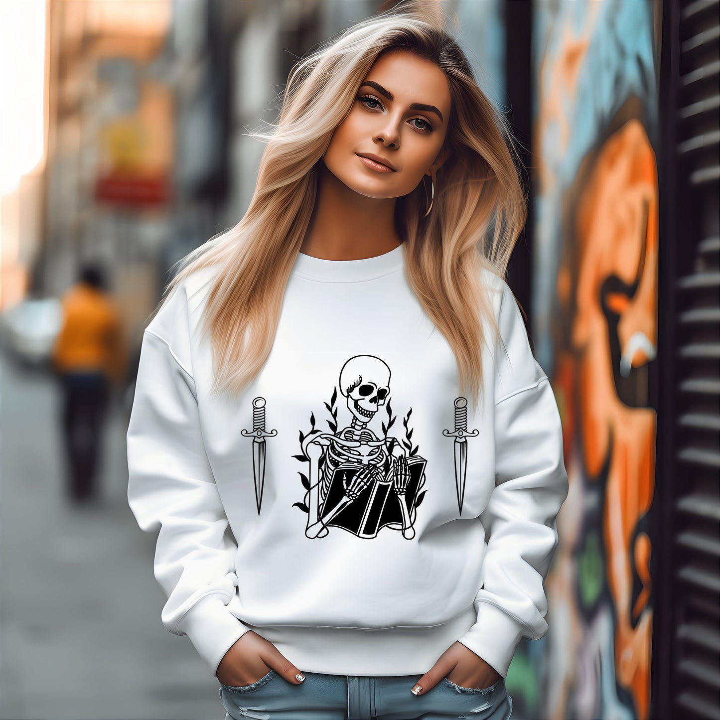 Skeleton reading book sweatshirt- Spooky book lover- booktok- skeleton vibes- dark romance- fantasy romance