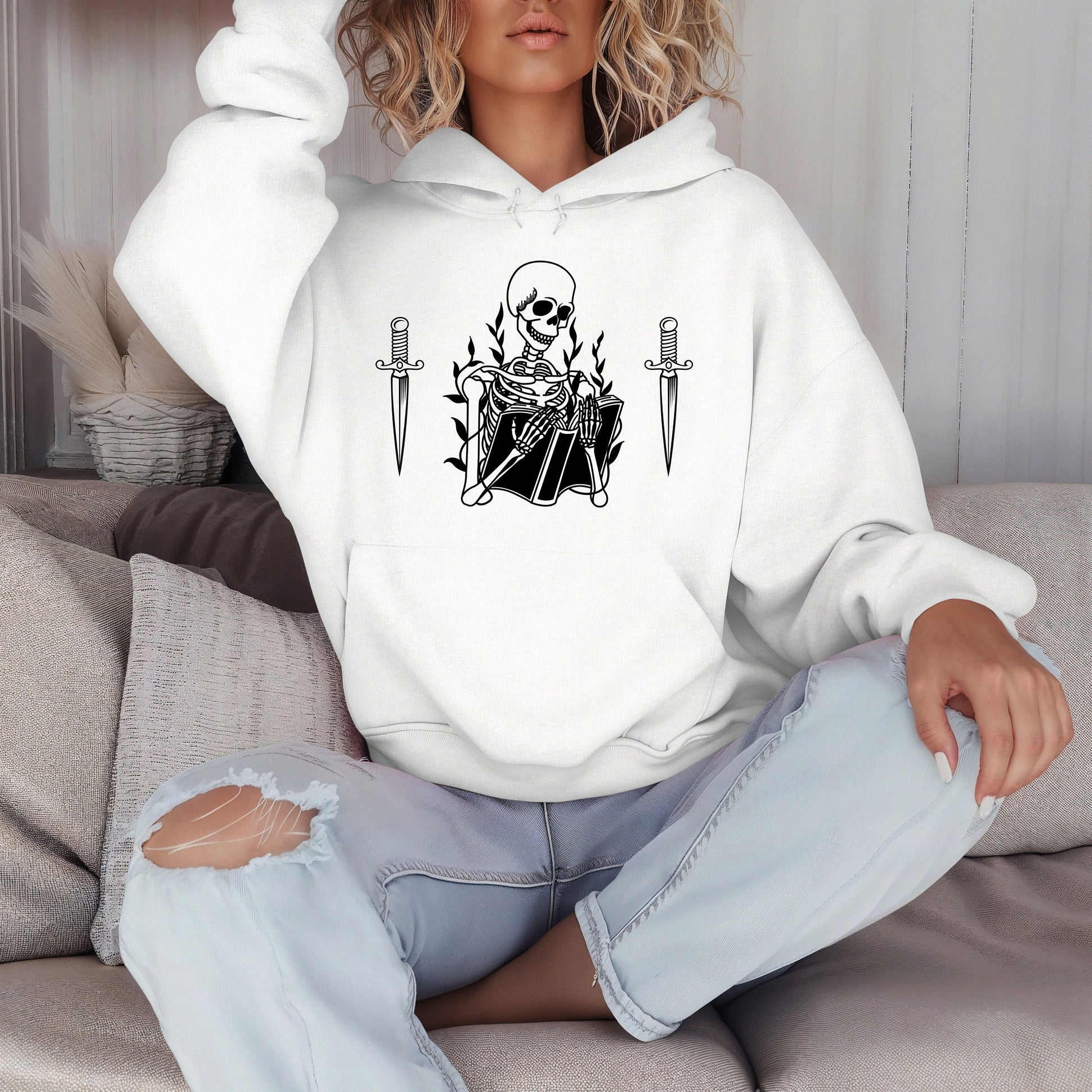 Skeleton reading book hoodie- Spooky book lover- booktok- skeleton vibes- unique design for her- for him